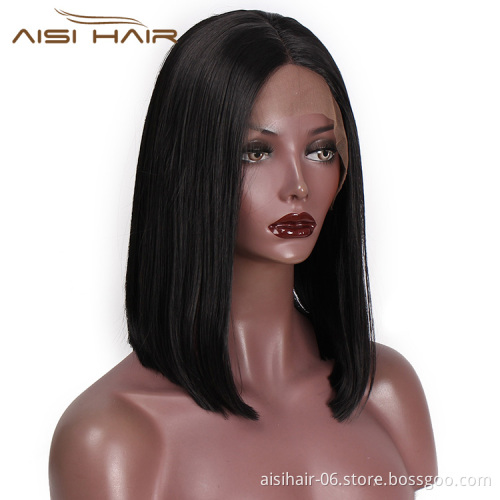 Aisi Hair 14 inch Short Bob Lace Frontal Black Wig Synthetic Hair Natural Front Lace Wig Straight Silky Wigs For Black Women